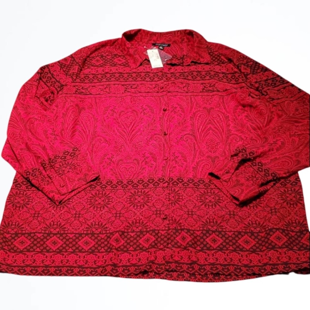 Roz & Ali Red and Black Paisley Print Long Sleeved Button Down Size 3X NWT